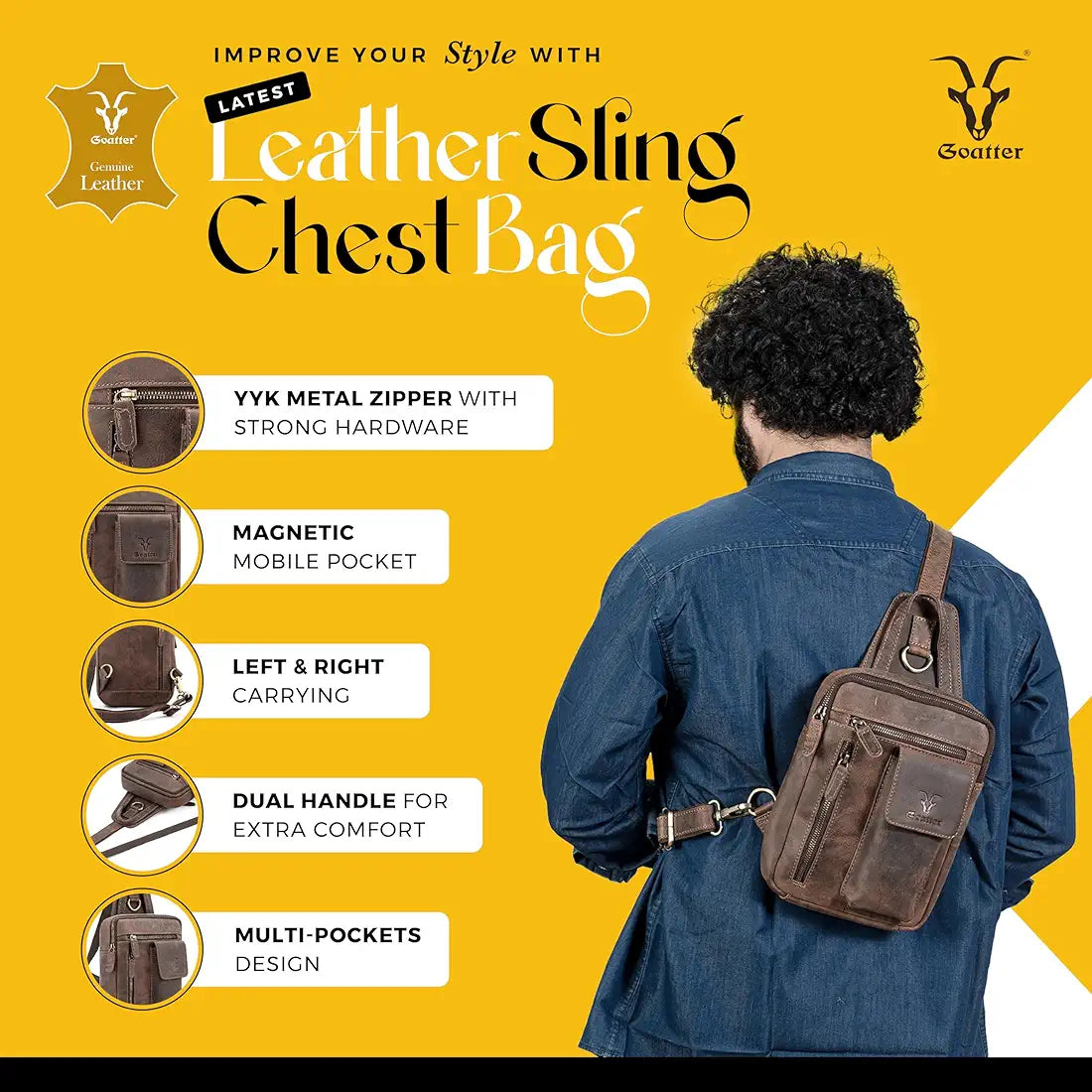 Goatter Genuine Leather Chest Crossbody Sling Backpack Bag Travel Bike Gym Daypack for Men And Women