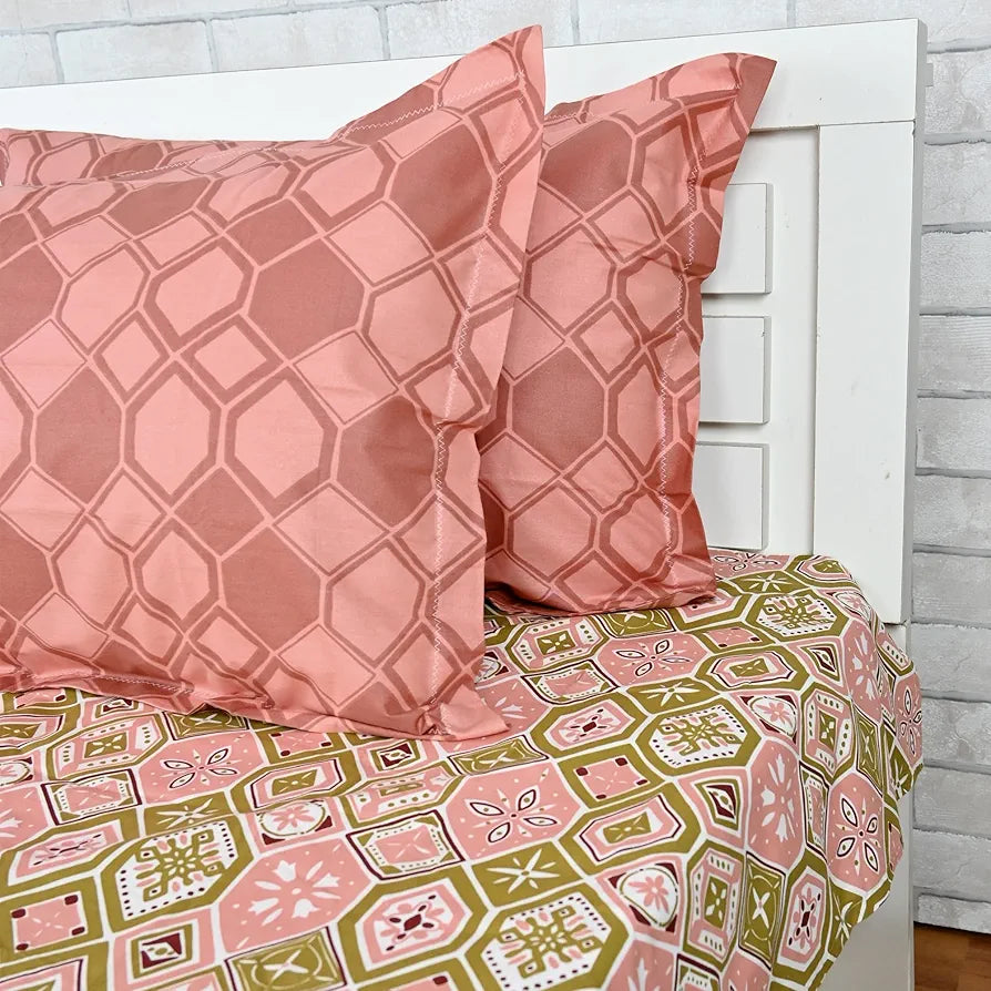 Divine Casa 144 TC Pure Cotton Double Bedsheet with 2 Pillow Covers Geo Nordic Hexa Colour Mustard Rose Pink