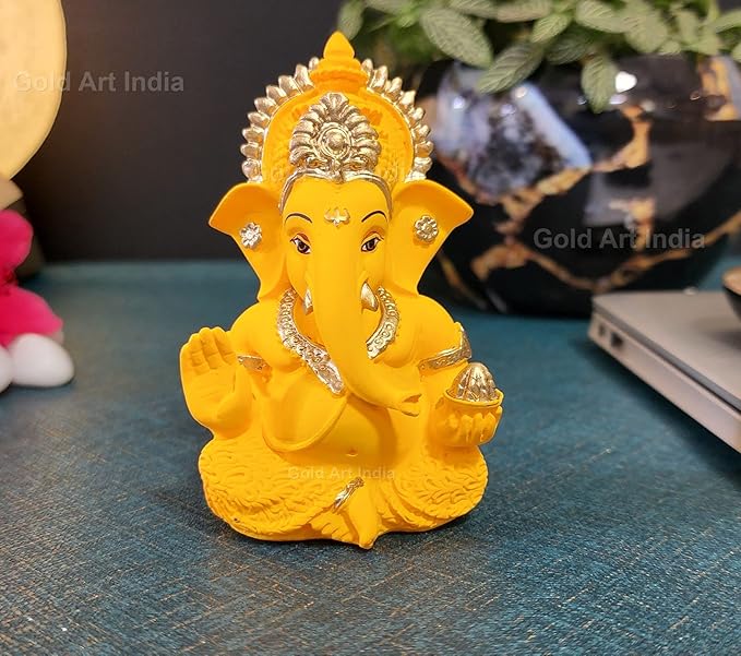 Gold Art India Yellow Mukut Ganesha Good for Divine Home Office Decor Car Dashboard Idol