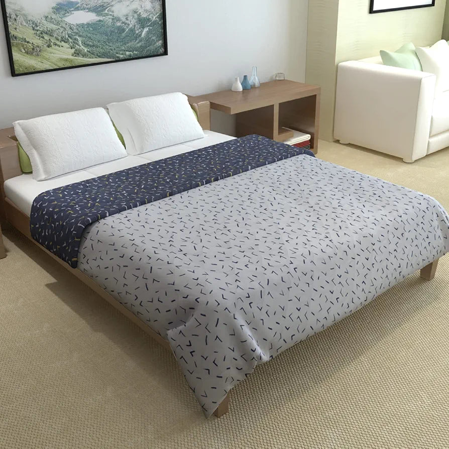 Divine Casa Microfibre All-Weather 150 GSM Printed Reversible Double Bed Size Quilt Comforter Blanket TC - 150 Colour Navy Blue and D White