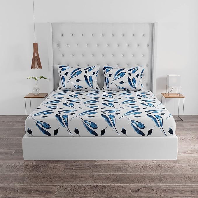 Huesland by Ahmedabad Cotton 144 TC Cotton King Size Bedsheet with 2 Pillow Covers - White & Blue