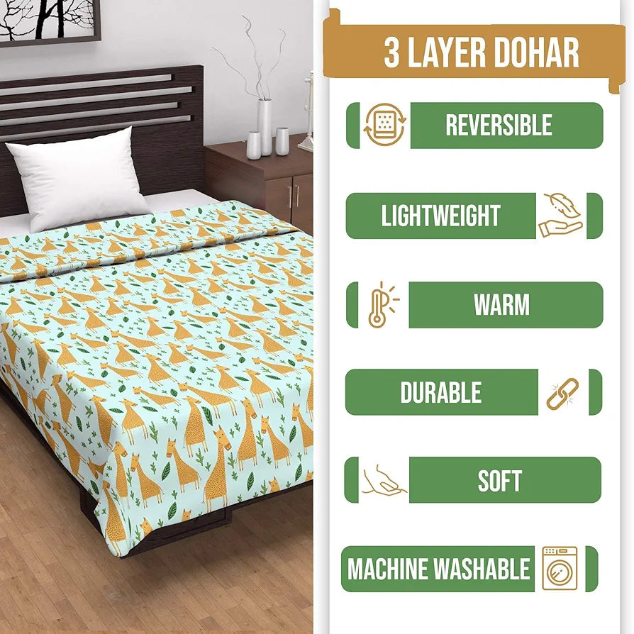 Divine Casa Pure Cotton Printed Single Dohar 120 GSM Soft & Lightweight Throw Blanket Colour Water Blue