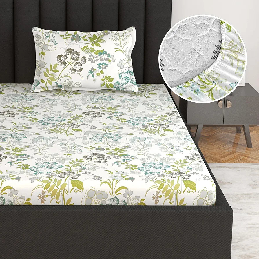 Divine Casa 100% Cotton Fitted Bedsheet Set for Single Bed 144 TC Single Bedsheet Set - Colour Floral Mineral Green