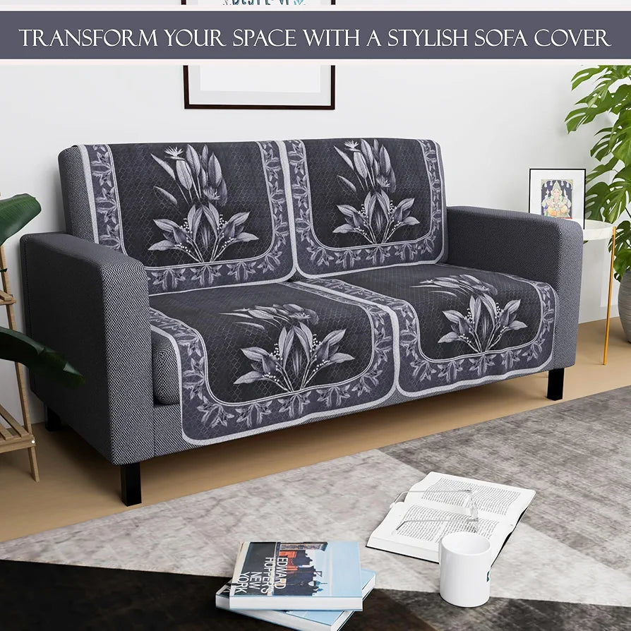 Kuber Industries Set of 4 Net Durable 2 Seater Sofa Covers Leaf Dark Grey & Lilac