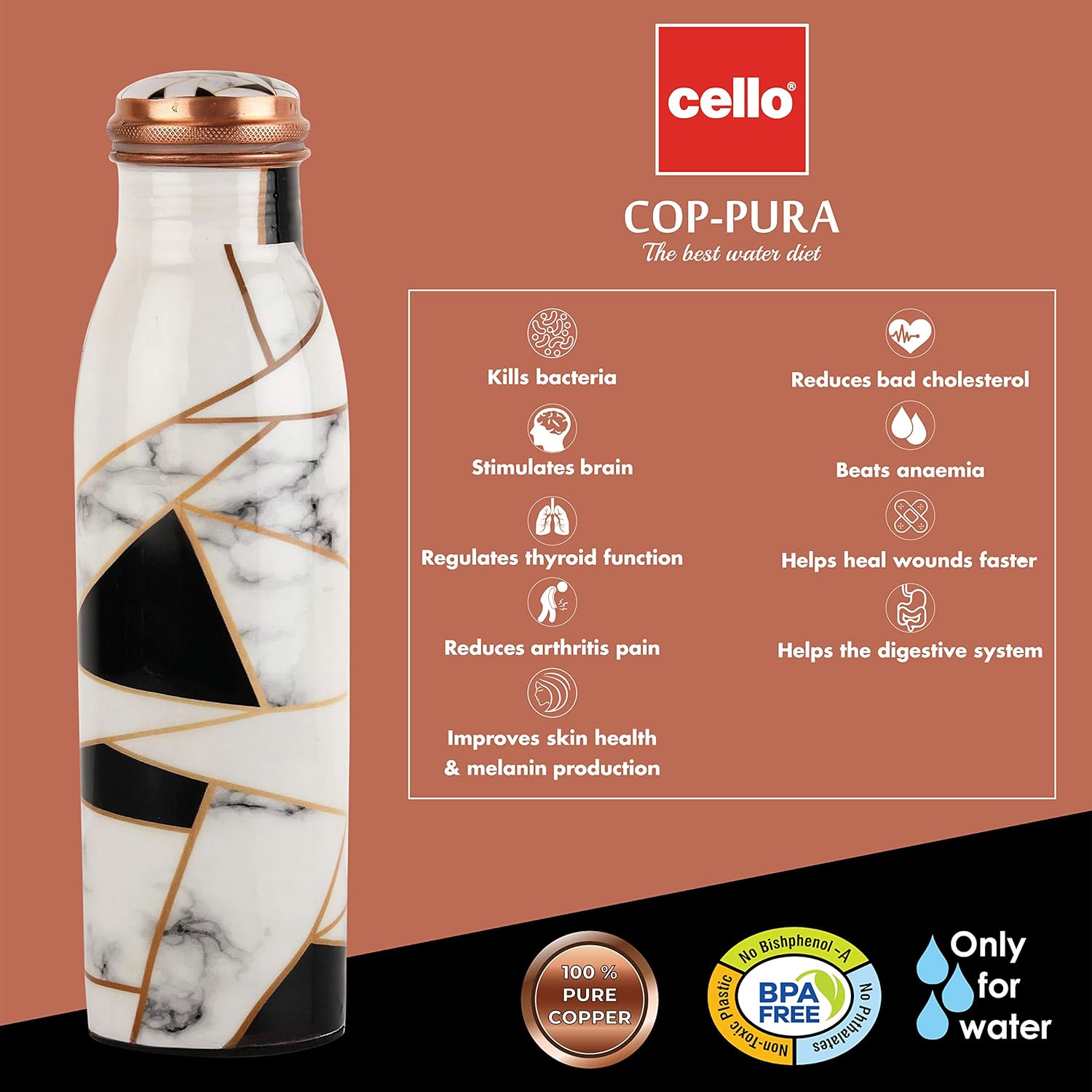 Cello Cop-pura Good Earth Copper Water Bottle | 1000ml | Marble