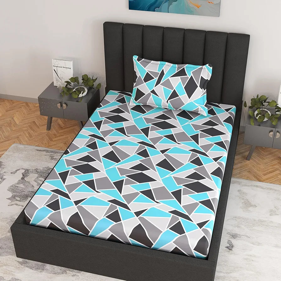 Divine Casa 144 TC 100% Cotton Abstract Print Blue Ultra Soft Fitted Bedsheet Single Bed Elastic Fitted Bedsheets Single Bed Colour Crystal Teal