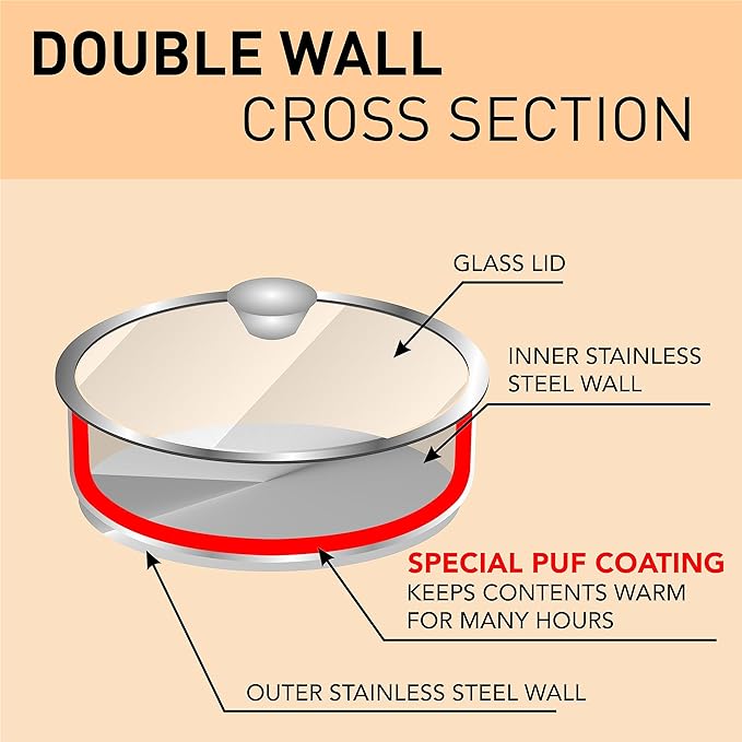 Sumeet Smart Serve Stainless Steel Double Wall Insulated Hot Sabji With Glass Lid 1L 1Pc