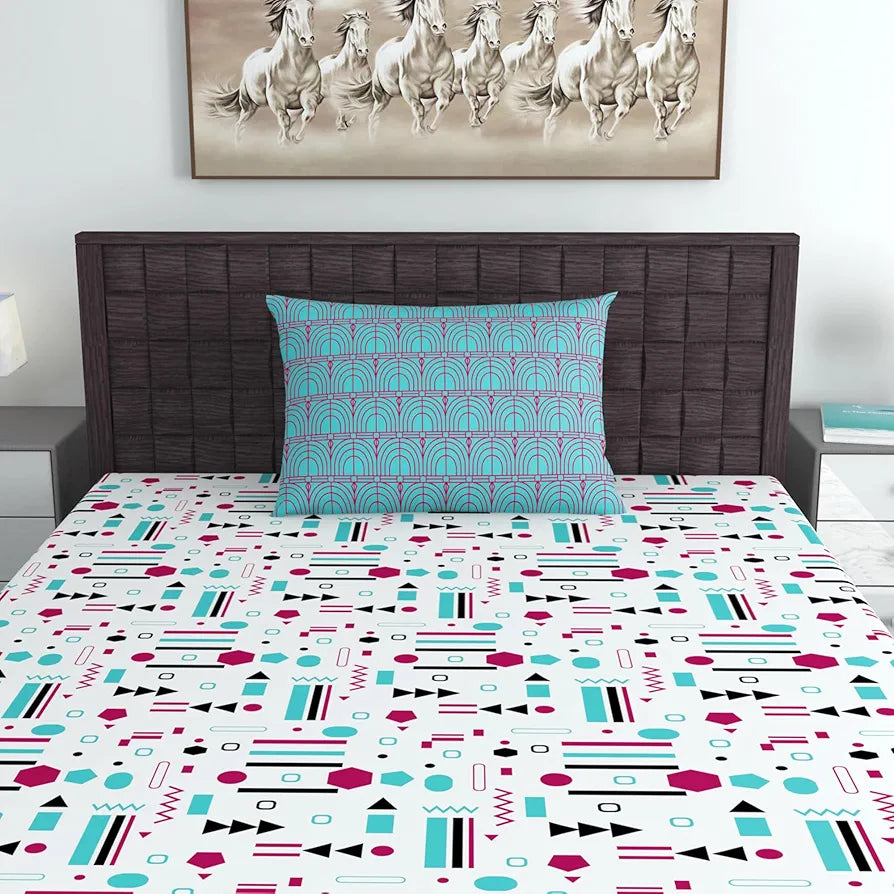 Divine Casa 144 TC Cotton Bedsheet for Single Bed with 1 Pillow Cover Colour Teal & White