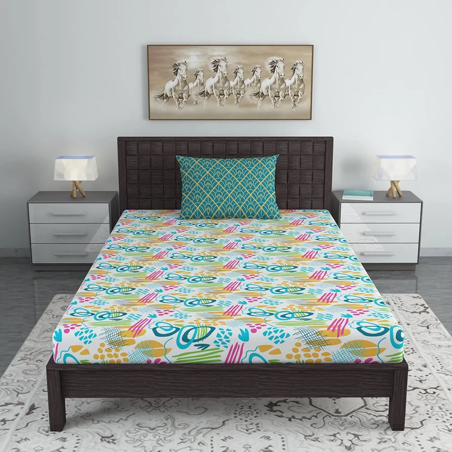 Divine Casa Bedsheet for Single Size Bed 144 TC Cotton Bedsheet for Single Size Bed with 1 Pillow Cover  Abstract Colour Teal & Mustard