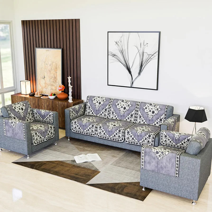 Kuber Industries Sofa Cover Net Sofa Slipcover Set 5-Seater Sofa Cover Flower Digital Triangle Border-753 Grey