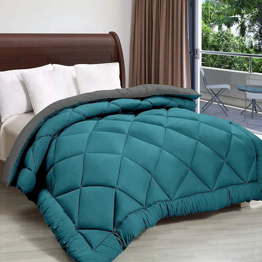 Cloth Fusion Reversible AC Comforter Single Bed Soft Microfibre Quilt Blanket for Winter Teal & Light Grey