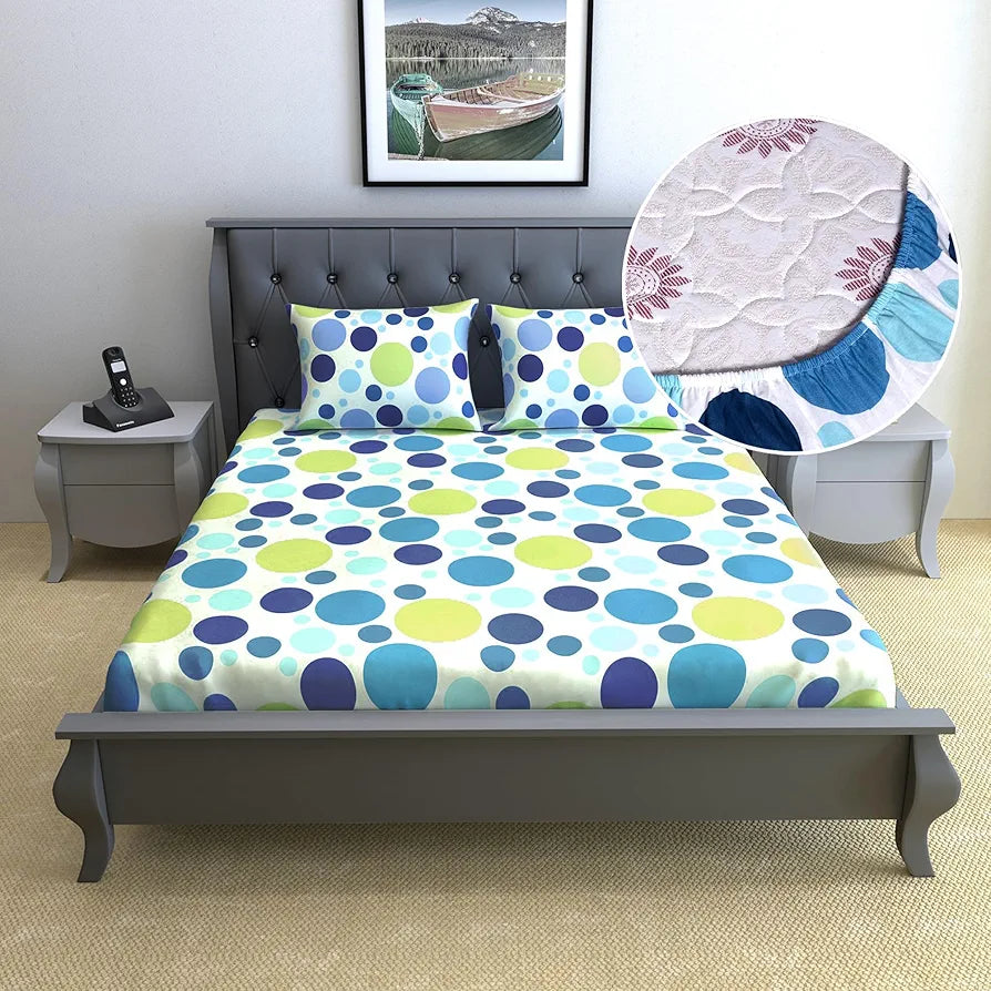 Divine Casa 144 TC 100% Cotton Elastic Fitted Bedsheet for Double Bed with 2 Pillow Covers Colour Blue Bedding