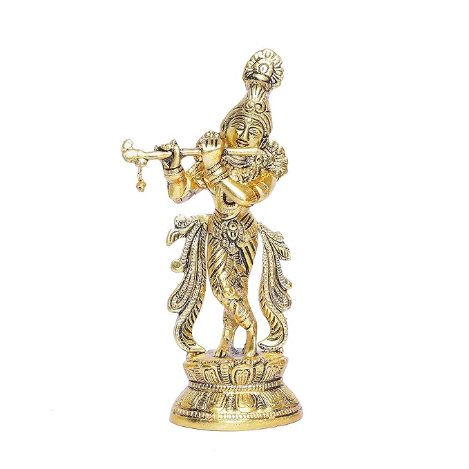 KridayKraft Lord Krishna Metal Statue Krishna Murti Playing Flute for Temple Pooja