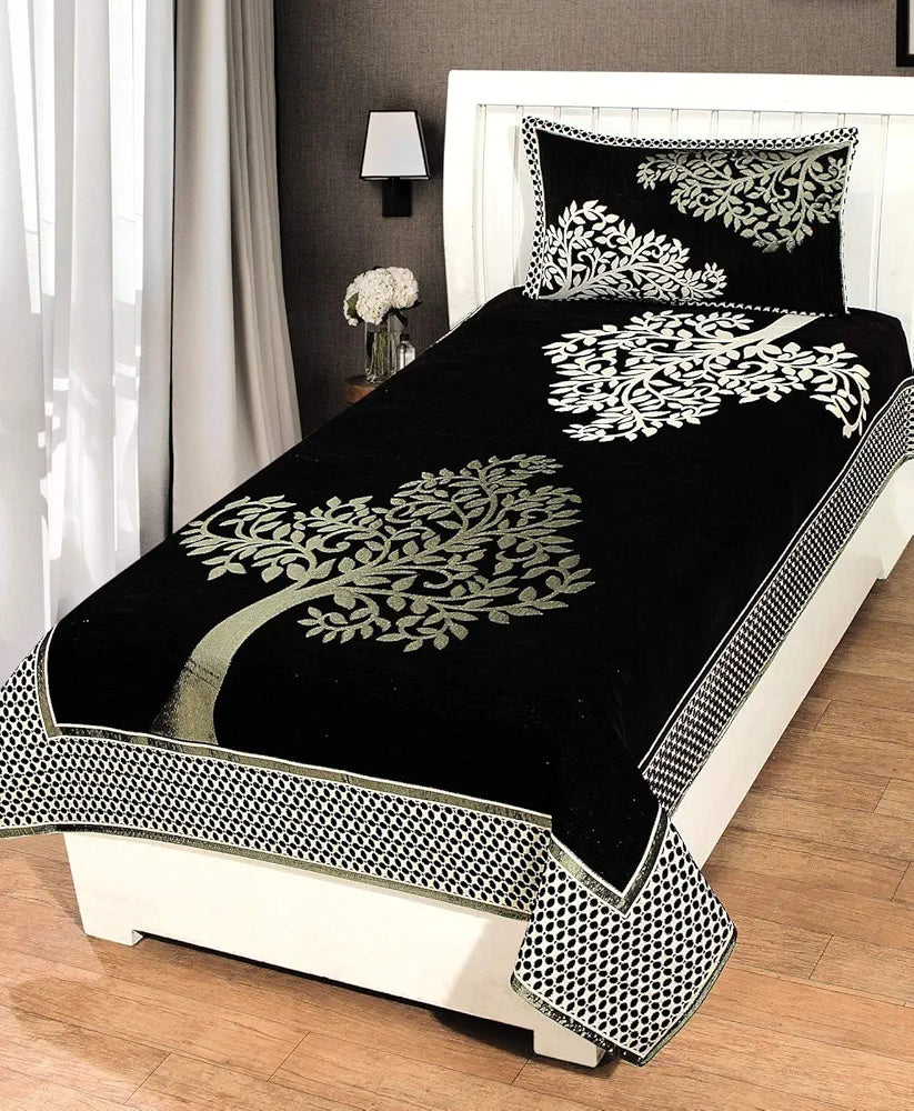 Fresh From Loom Floral Bedsheet Cum Bed Spread for Single Bed 500 Tc Chenille Premium Single Bedsheet Cum Bed Spread with 1 Pillow Cover Black