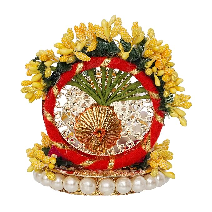 Ecraftindia Resin Handcrafted Lord Ganesha Idol on Yellow Floral Decorative Plate | Ganesha Idol