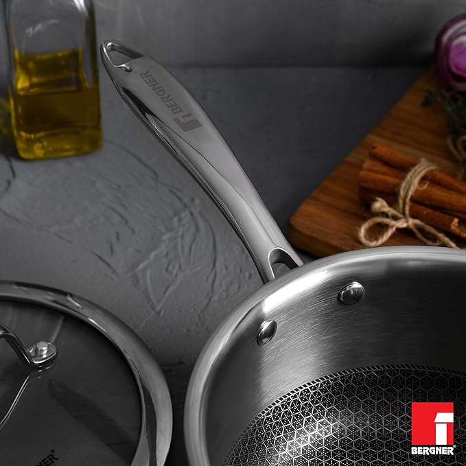 Bergner Hitech Triply Non-stick 16cm Saucepan | 1.6 L Saucepan With Non-stick Mesh Pattern Inside
