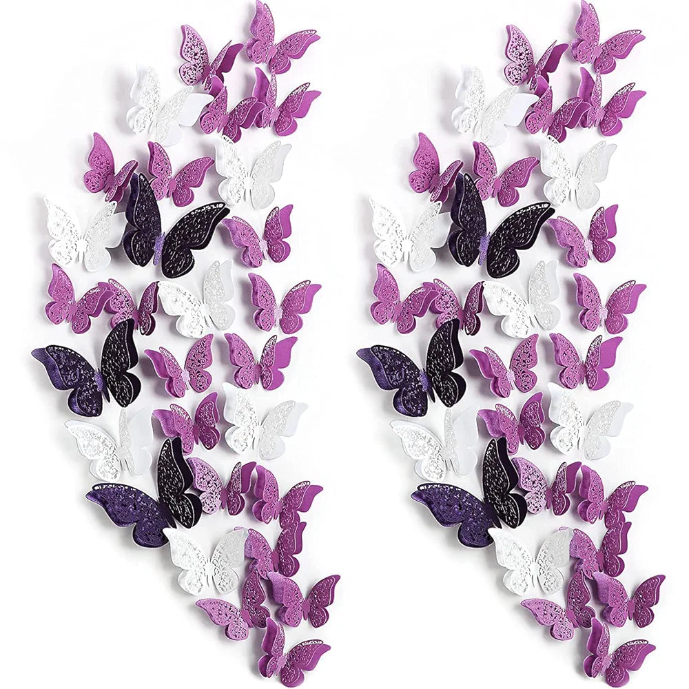Xtore 120 Pcs Stunning 3D Purple and White Butterfly Wall Decor