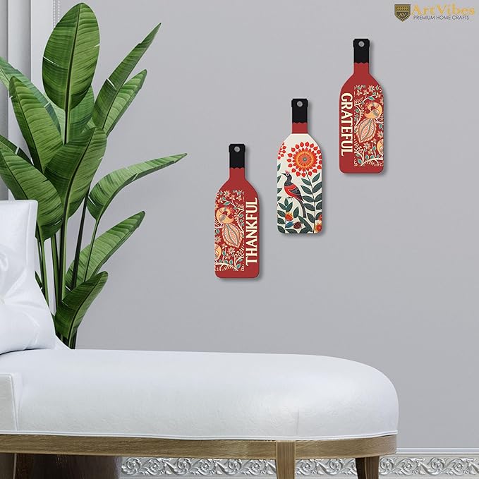 Artvibes Thankful Grateful Wooden Wall Hanging for Home Decor | Set of 3
