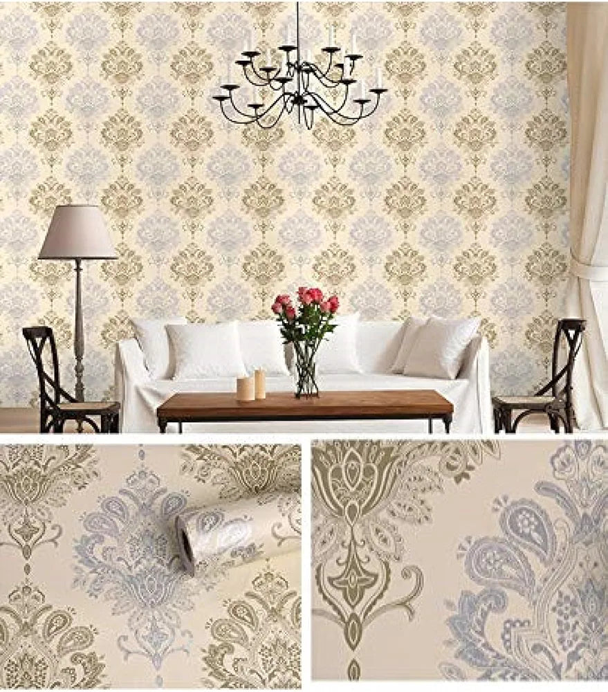 Jaamso Royals Silver & Gold Damask Peel and Stick Self Adhesive Wallpaper Wall Sticker