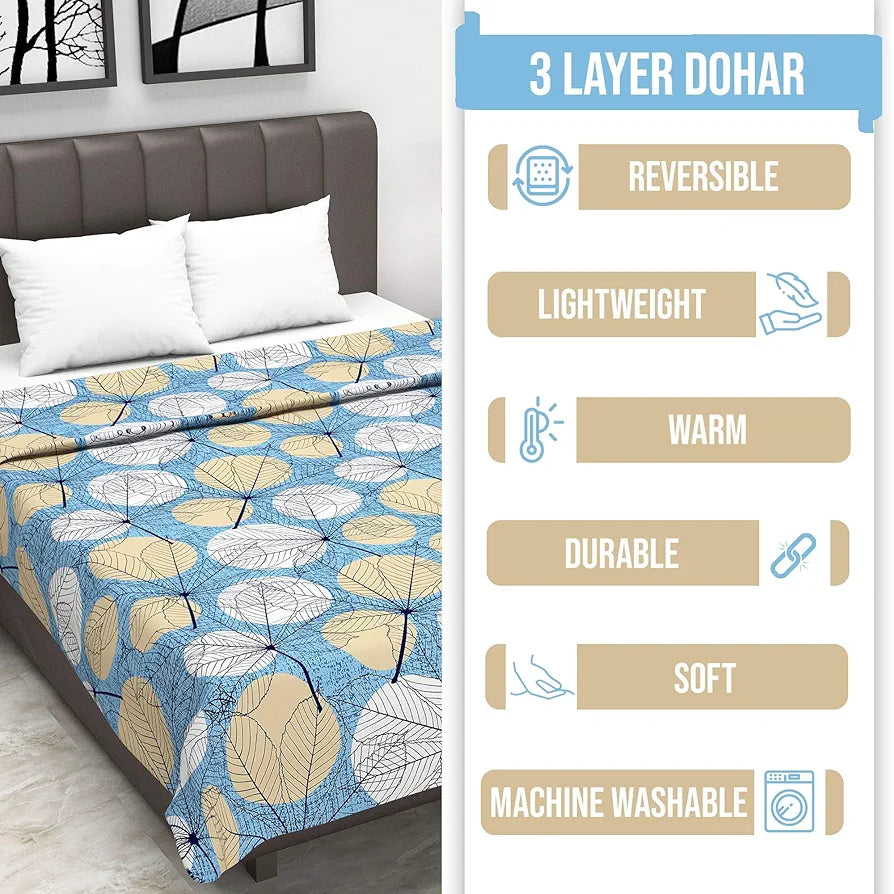 Divine Casa Cotton 120 GSM Reversible Soft and Cozy Lightweight Printed Single Bed AC Dohar Blanket TC - 120 Colour Green and Turquoise Blue