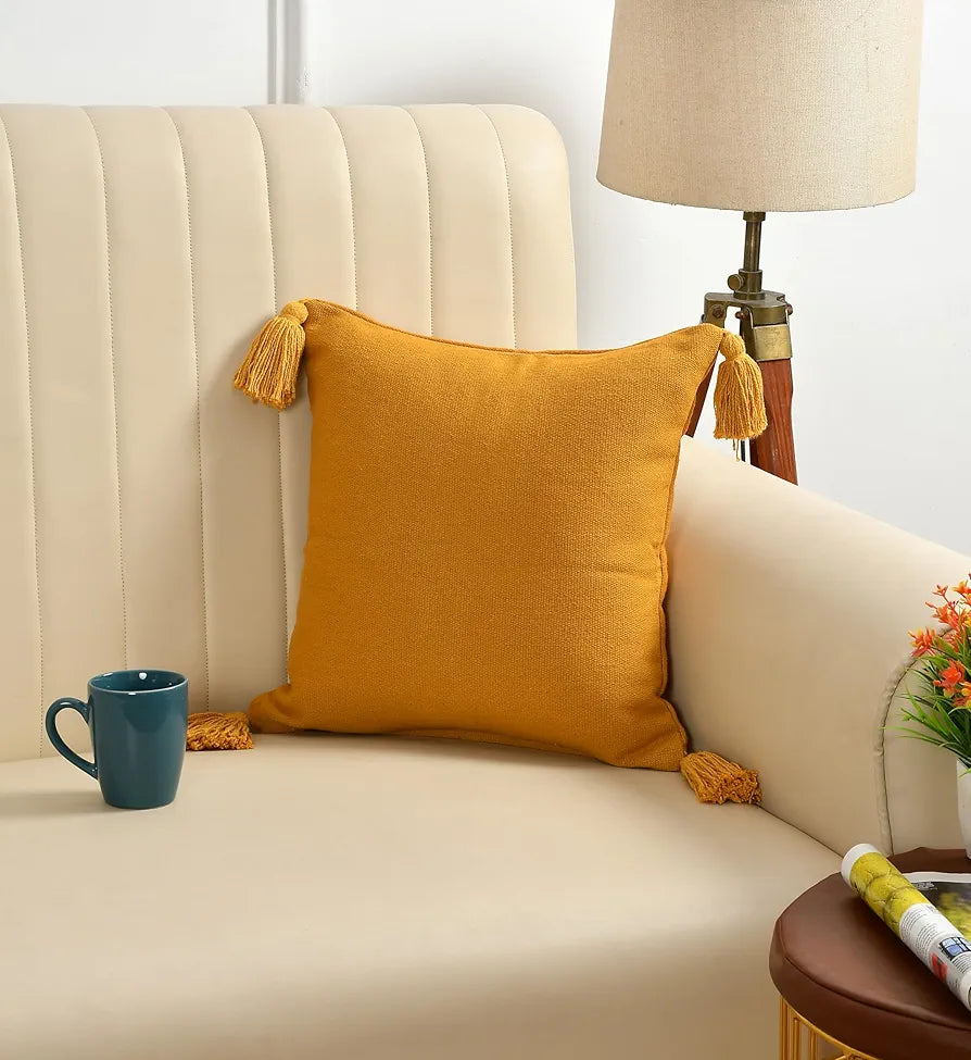 Sashaa World 100% Cotton Cushion Covers Colour Mustard With Tassels/decorative Throw Pillow( Set Of 2)