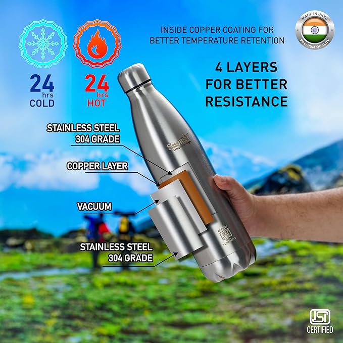 Sumeet Thermo1000 Stainless Steel 24 Hours Hot & Cold Vacuum Flask/Water Bottle Silver - pack of 2