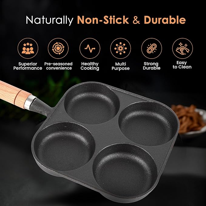 Solara Crown Stone Premium Pre-seasoned Cast Iron Uttapam Pan 4 Pit | Naturally Nonstick Toxin-free Uttappam Tawa With Wooden Handle