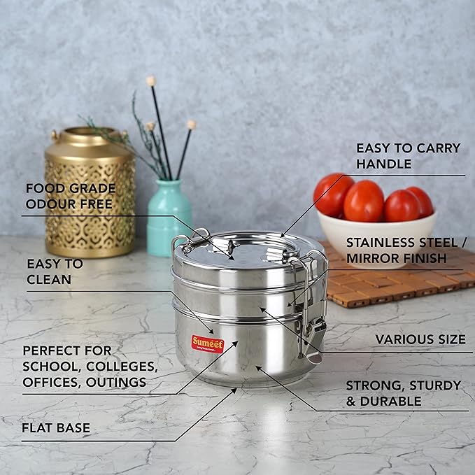 Sumeet Stainless Steel 2 Compartment Lunch Box/Tiffin Lid and Handle 11.5Cm (1000 ml Silver)