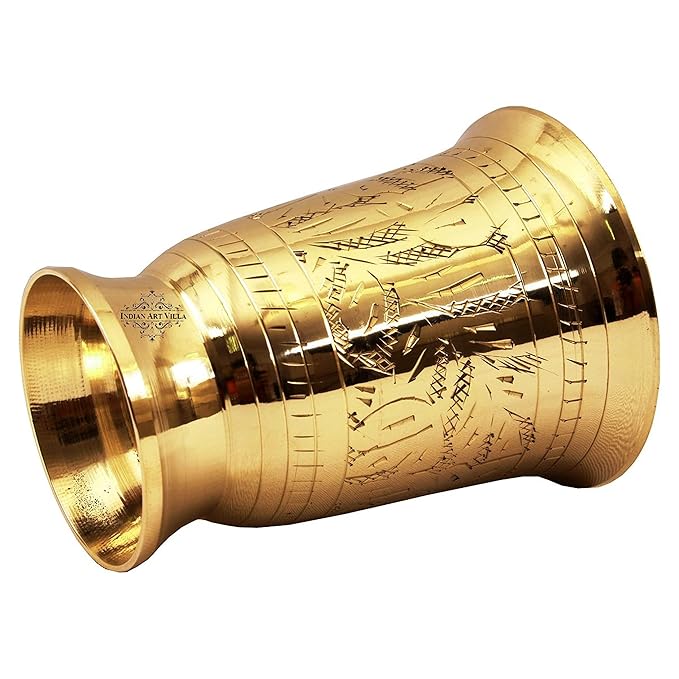 Indian Art Villa Pure Brass Glass Tumbler With Mughlai Etched Design - 215 gms