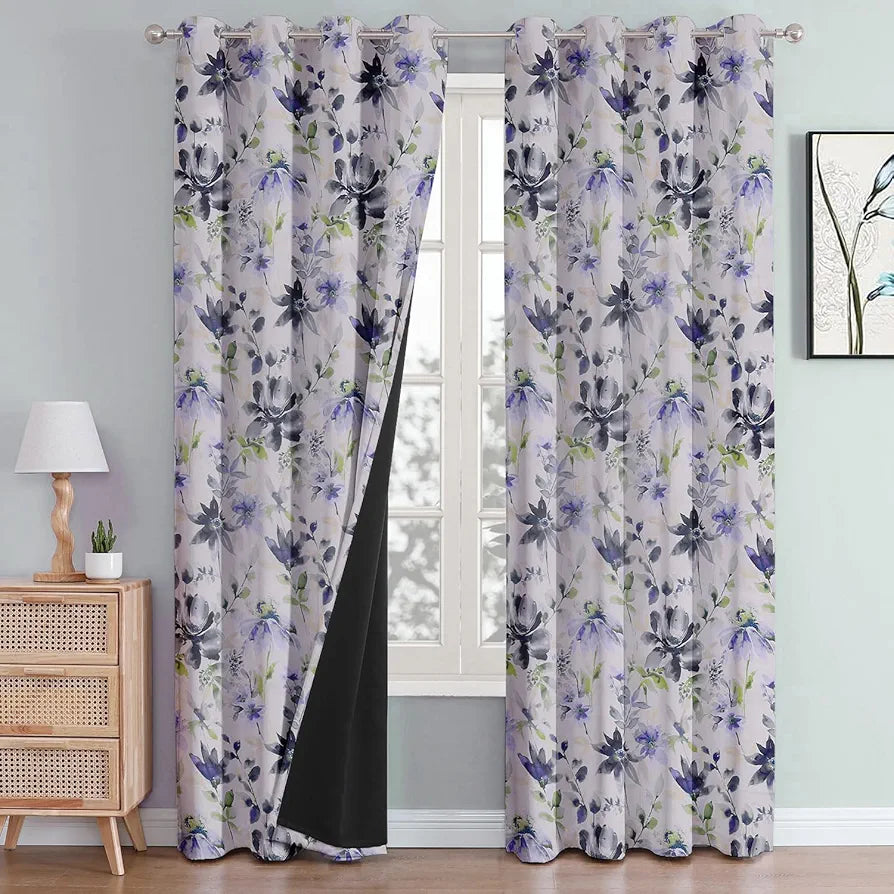 Cloth Fusion Blackout Printed Premium Door Curtains 7 Feet Long Set of 2 Blue Lotus