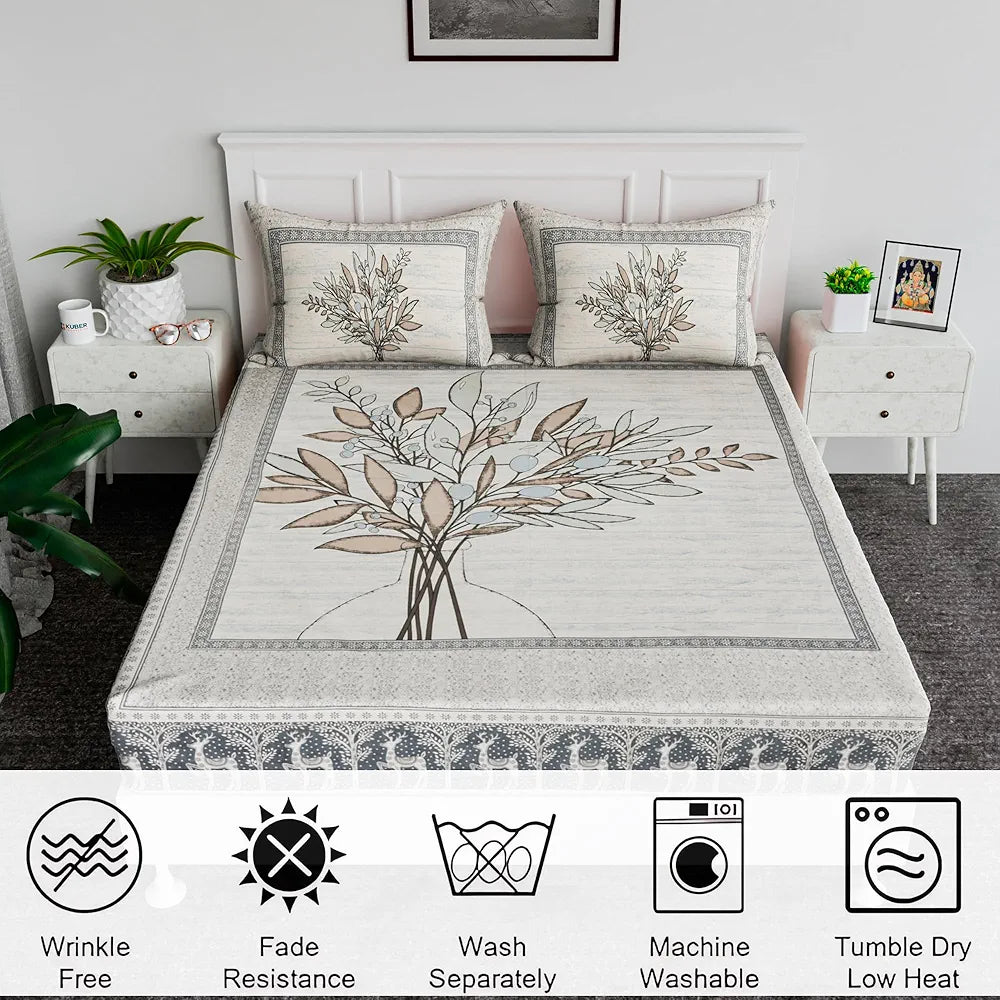 Kuber Industries Cotton Bedsheets for Double Bed with 2 Pillow Covers Photo Frame Tree Print Blue