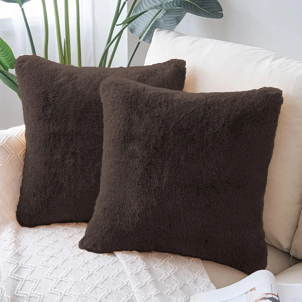 Luxe Home Cushion Cover Duble Side Rabbit Fur Plain Design Covers Set of 2 for Sofa Colour Chocolate