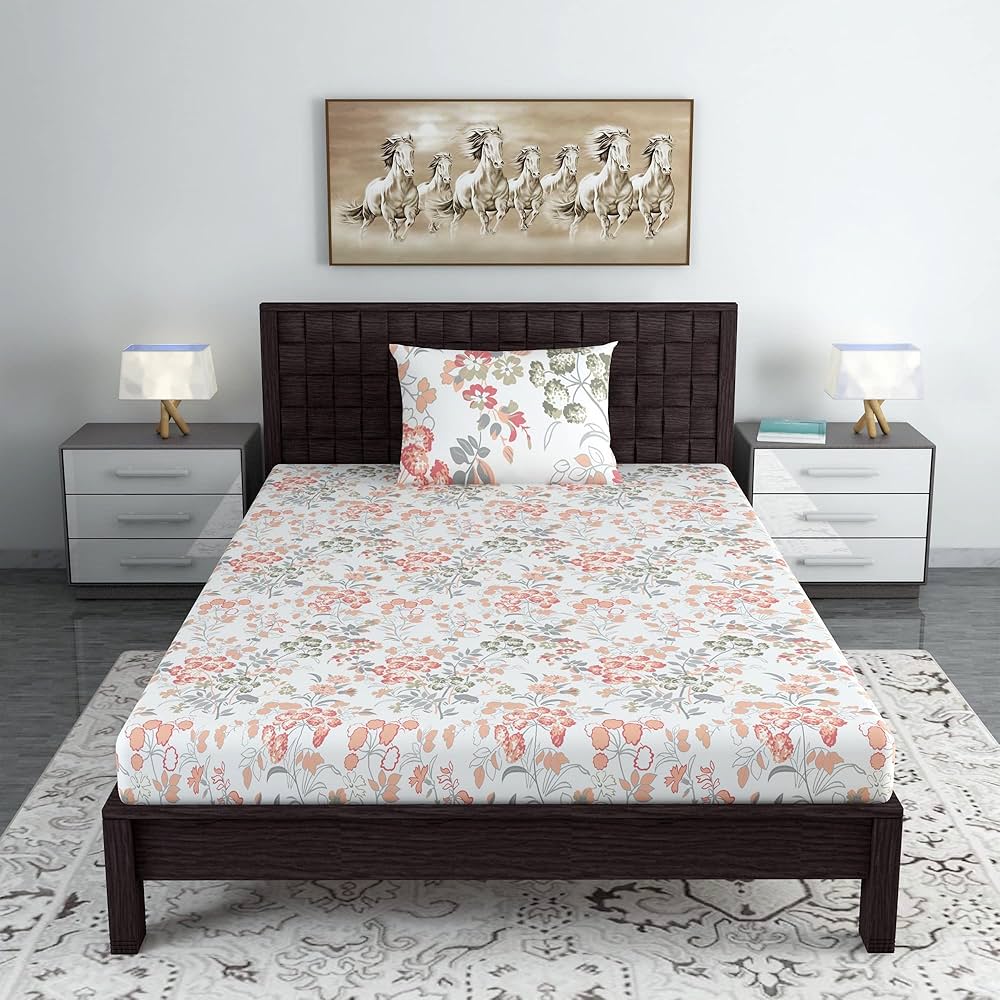 Divine Casa 144 TC 100% Cotton Bedsheet for Single Bed with 1 Pillow Cover Colour Coral Pink