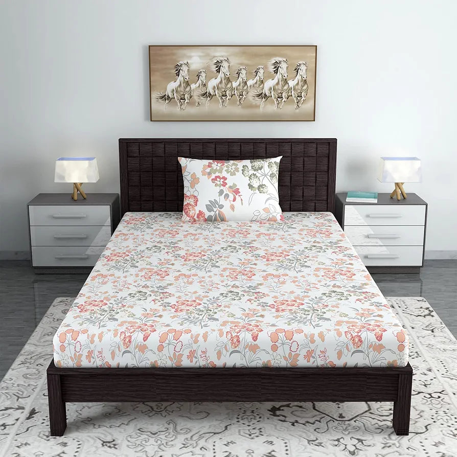 Divine Casa 144 TC 100% Cotton Bedsheet for Single Bed with 1 Pillow Cover Colour Peach Blush