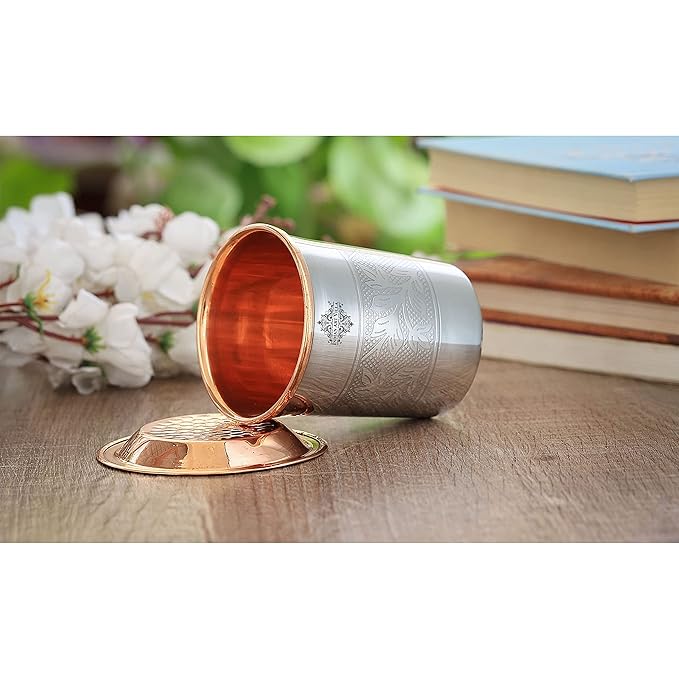 Indian Art Villa Embossed Design Steel Copper Glass Tumbler Cup Each - 130 gms
