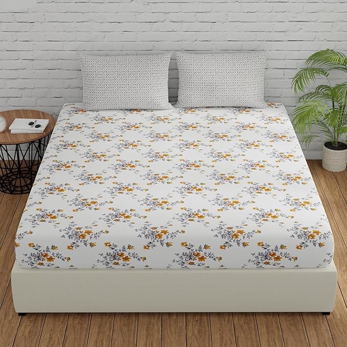 Huesland by Ahmedabad Cotton 144 TC King Size Bedsheet Cotton with 2 Pillow Covers | White, Tangerine & Grey
