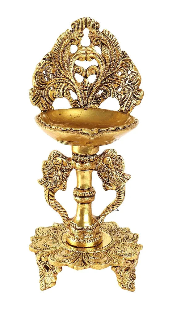 Two Moustaches 9 Inches Ethnic Twin Peacock Design Brass Oil Diya with Base
