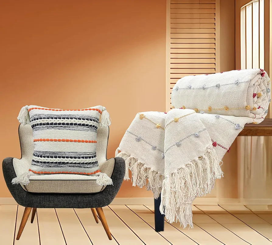 Sajavat Home Hand Knitted Pure Cotton 3 Seater Sofa Throw & Cushion Cover Beige Multi