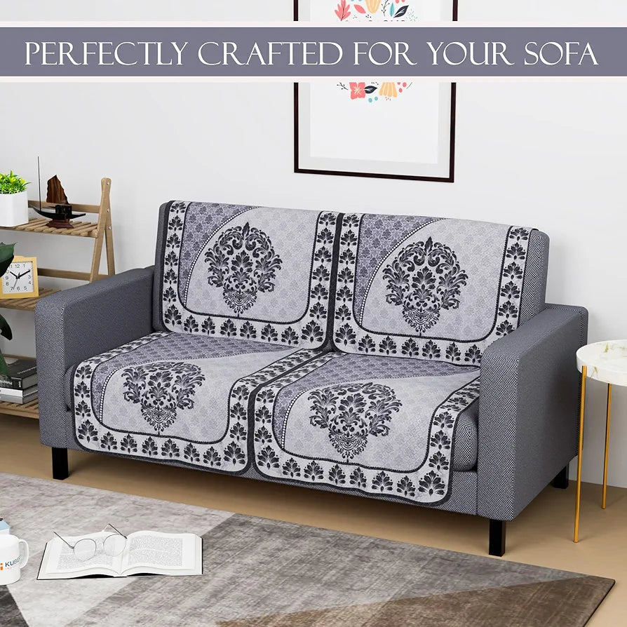 Kuber Industries Set of 4 Net Durable 2 Seater Sofa Covers Floral Print Black & Grey