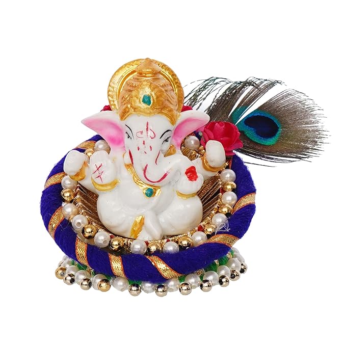 Ecraftindia Resin Lord Ganesha Idol on Peacock Feather Decorative Plate | Ganesha Idol for Home Decor