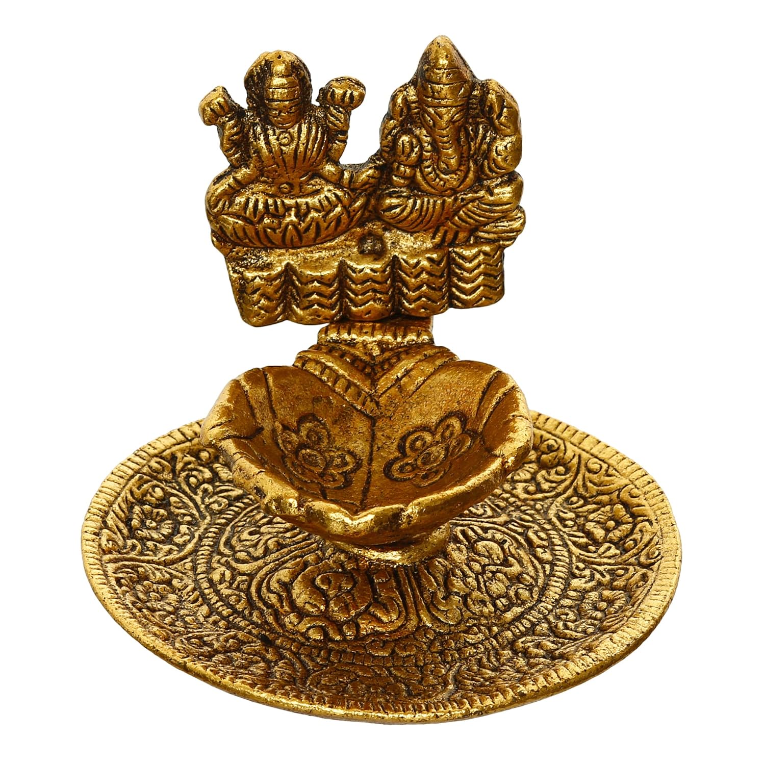Ecraftindia Golden Metal Goddess Lakshmi & Lord Ganesha Decorative Diya for Puja Room | Home Temple Decor