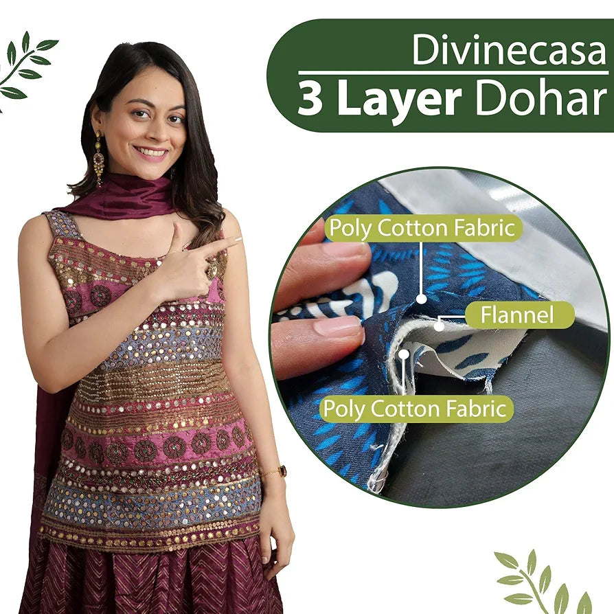 Divine Casa Glace Cotton Double Bed Dohar Lightweight & Breathable AC Blanket Colour Olive Green & Blue