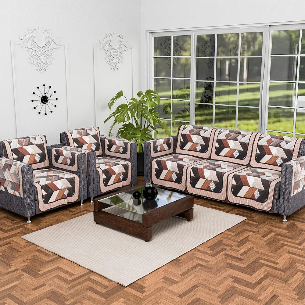 Kuber Industries Set of 16 Velvet Anti-Skid Sofa Cover 5-Seater with Arm Cover Triangular Cream & Brown