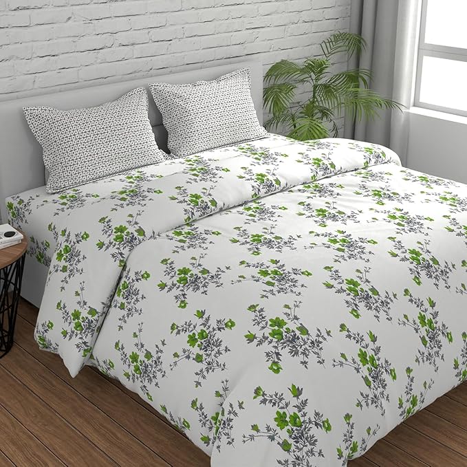 Huesland by Ahmedabad Cotton 144 TC Cotton Bedsheet for Double Bed King Size with 2 Pillow Covers | White, Green & Grey