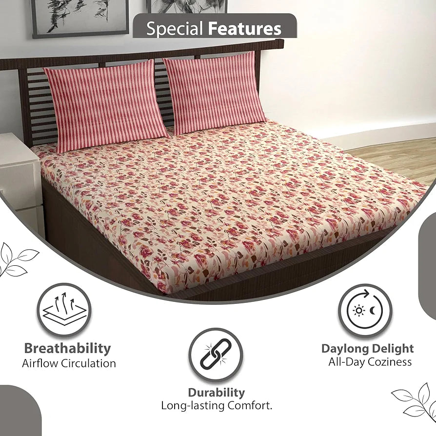 Divine Casa 144 TC 100% Pure Cotton Double Bed Bedsheet with 2 Pillow Covers Rose Blossom Colour Crimson Gold