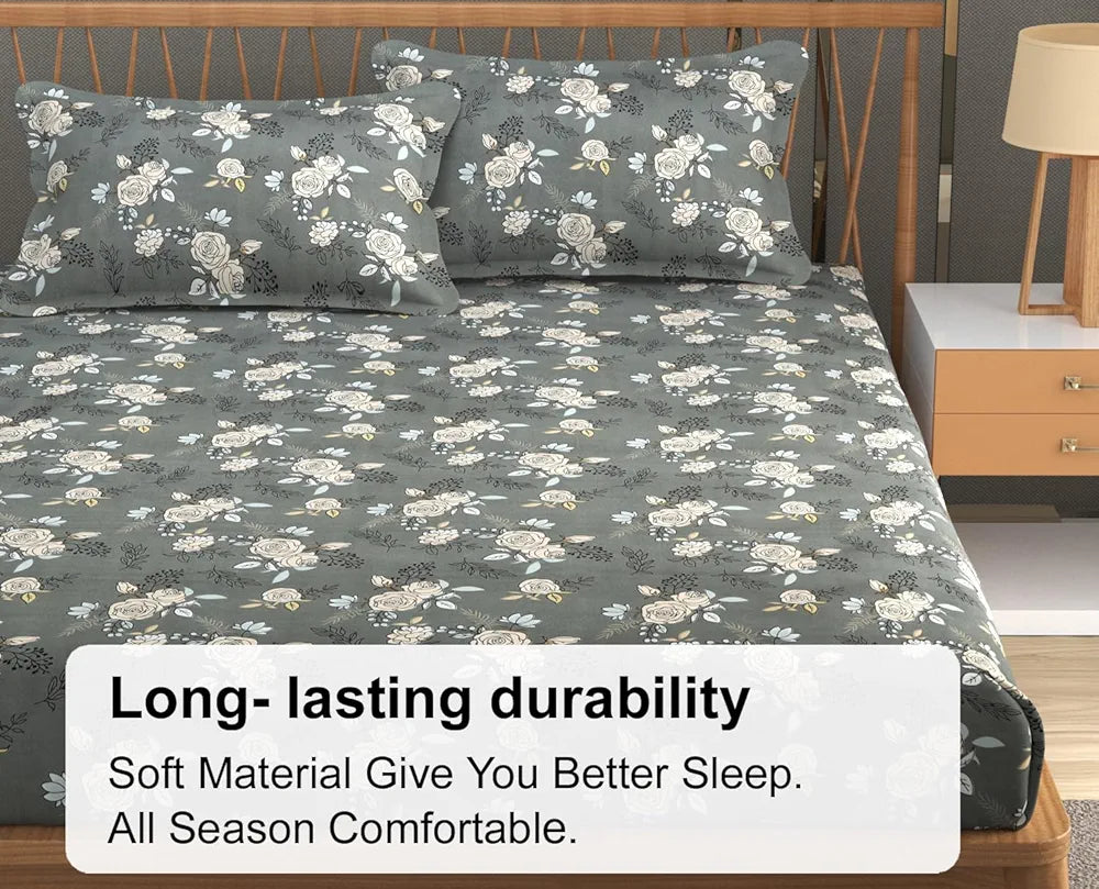 Fresh From Loom King Size Microfiber Fitted Bedsheet Set with Floral Print 240 TC Anti Fade 2 Pillow Covers Rose Oslo Grey