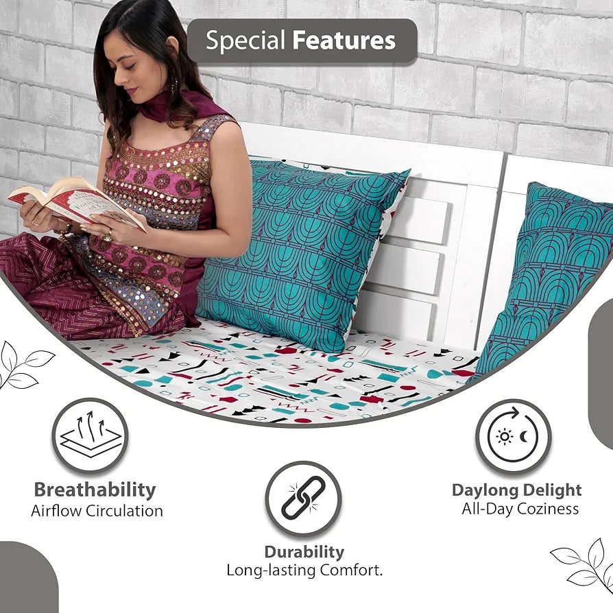 Divine Casa 144 TC Super Soft Cotton Bedsheet for Double Bed  144 Thread Count Abstract Colour Red Teal & White
