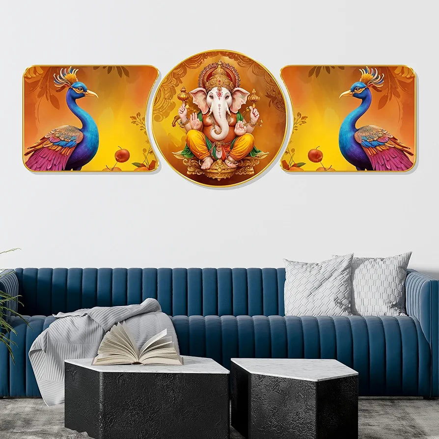 Livin'luxe Paintings Ganesha Religious Modern Art Premium Sparkle Lamination Finished Surface Golden Slim Frame RP-47