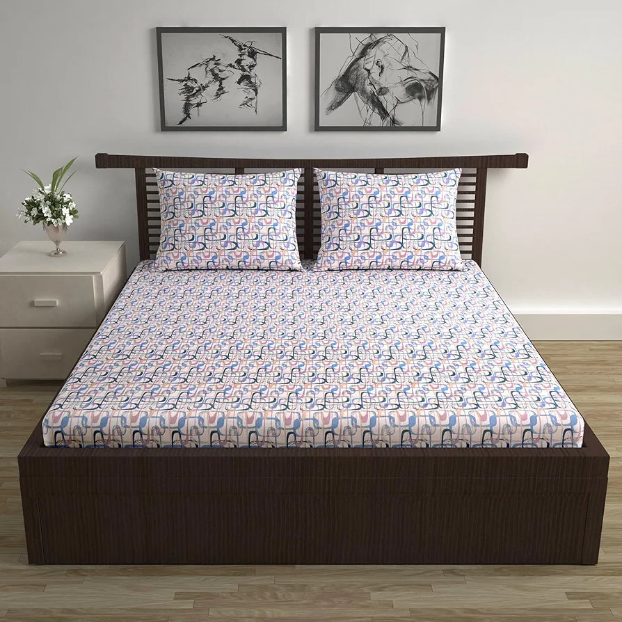 Divine Casa 144 TC Pure Cotton Double Bed Bedsheet with 2 Pillow Covers Abstract Weave Colour Peach Blue