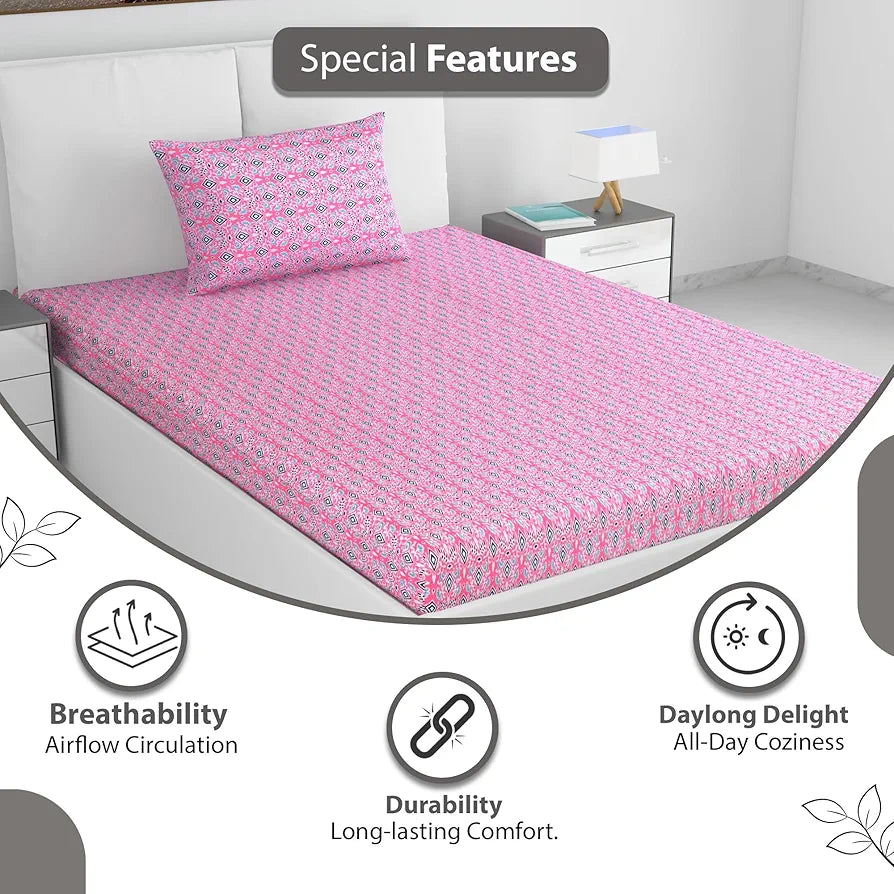 Divine Casa 144 TC 100% Pure Cotton Single Bedsheet with 1 Pillow Cover Geometric Petal Print Colour Pink Fuchsia